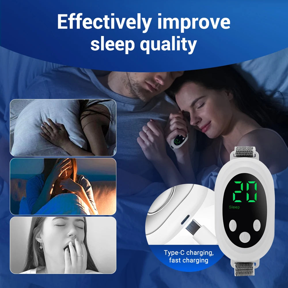 Product advertisement for a device to improve sleep quality with images of people in bed and close-ups.