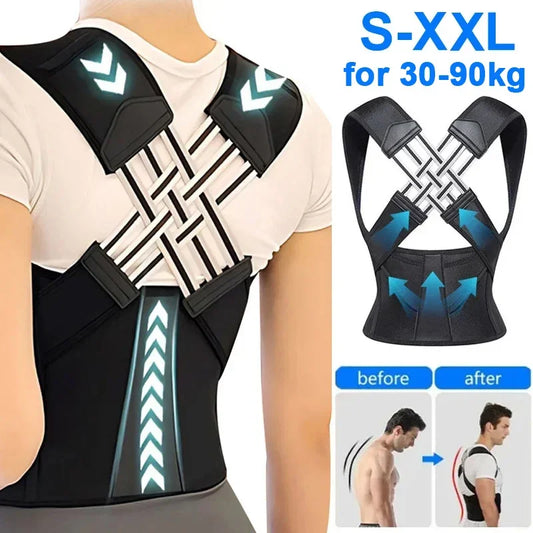 Posture corrector with before and after effect on a person, size S-XXL for 30-90kg.