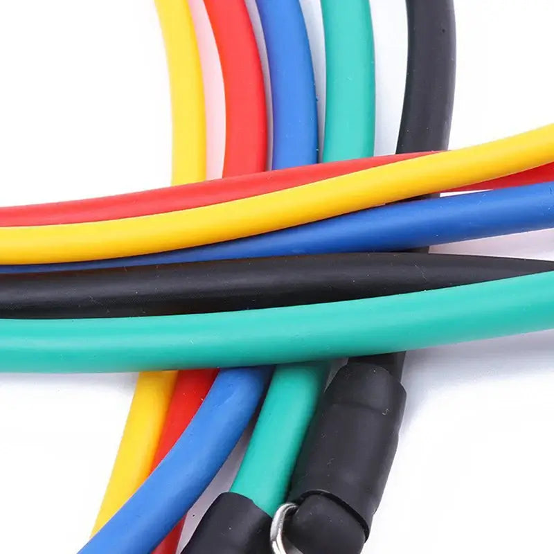 Close-up of colorful resistance bands in a compact setup from the 11-piece resistance bands set for home workouts.