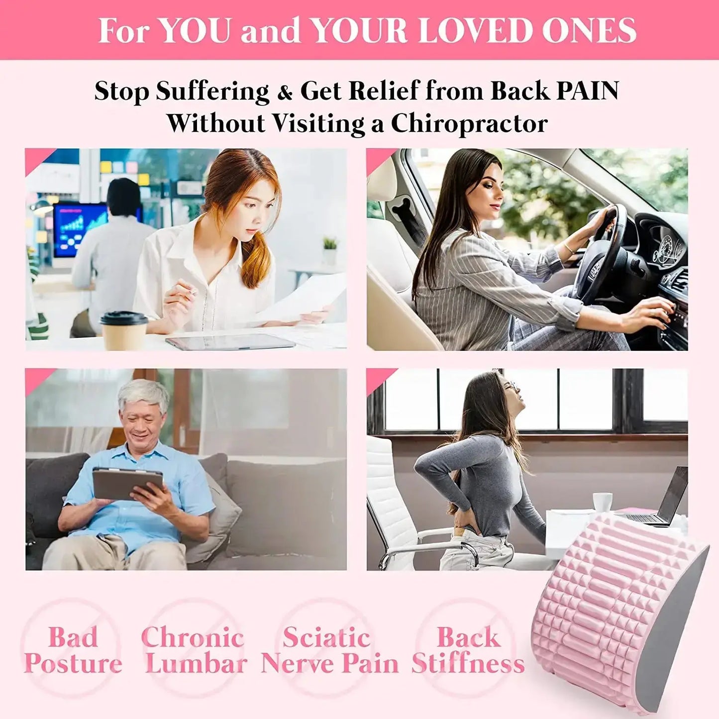 Lower Back Stretcher Pillow provides relief from back pain and improves posture for home, office, or travel use.