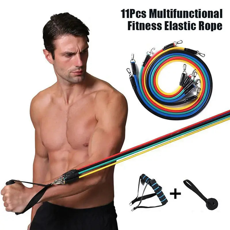 Man using 11-piece resistance bands set for home workouts with colorful elastic ropes.