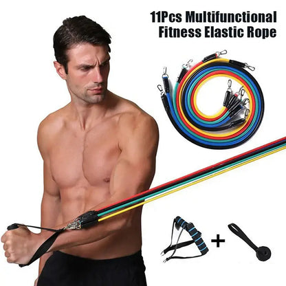 Man using 11-piece resistance bands set for home workouts with colorful elastic ropes.