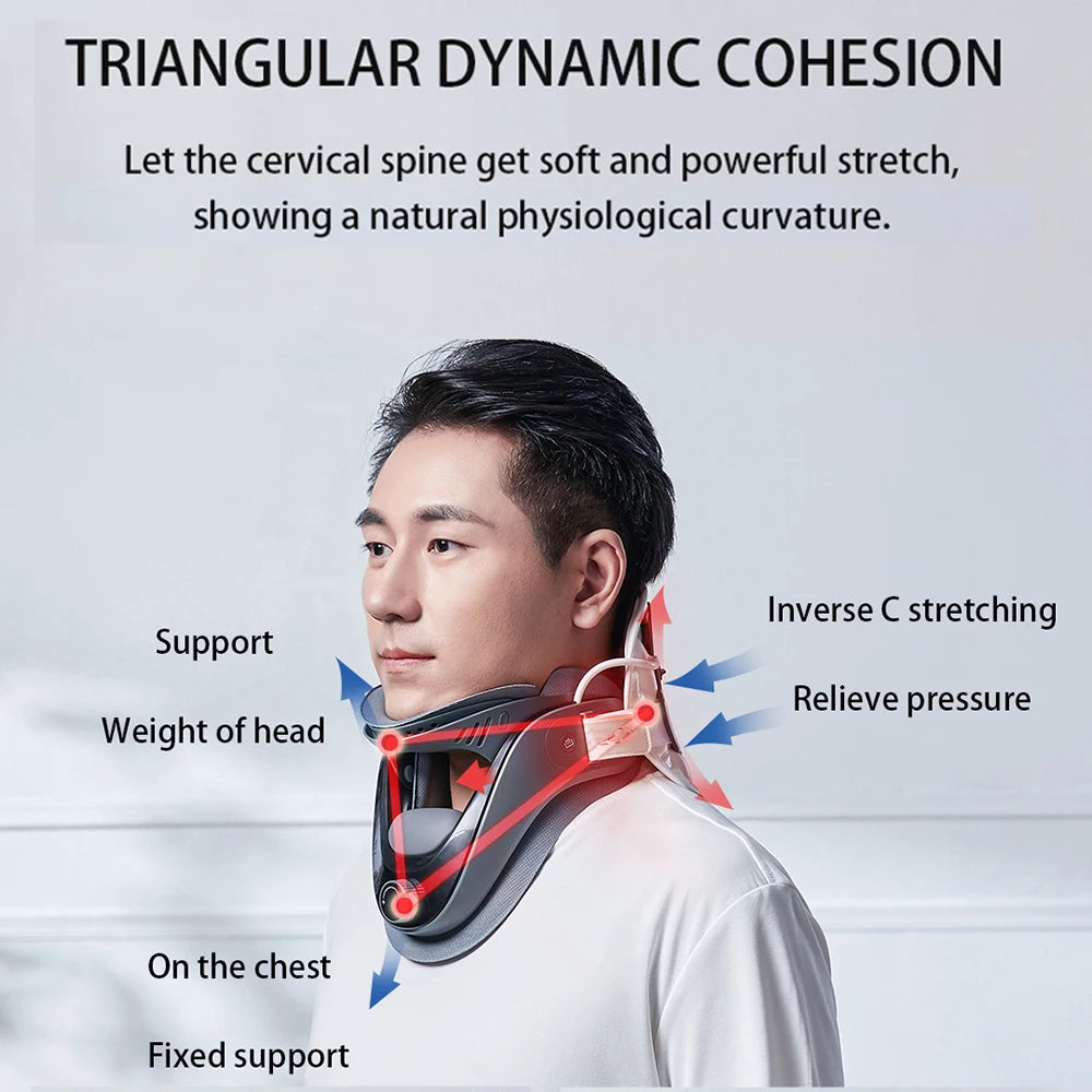 Neck posture corrector brace promoting natural cervical spine curvature with support and weight relief features.