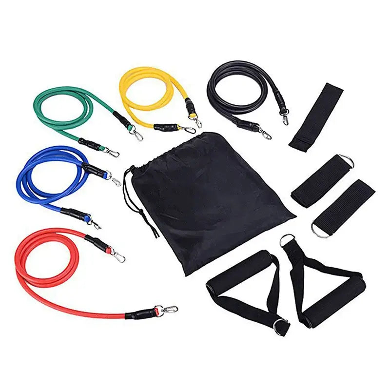 11-piece resistance bands set including various colored bands, handles, and a storage bag for home workouts.