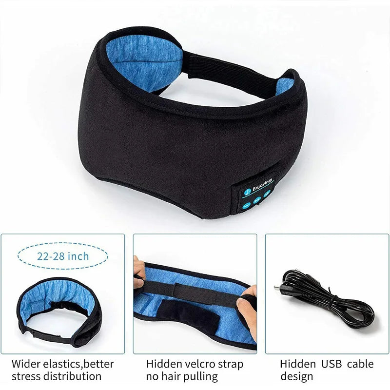 Wireless Bluetooth Sleep Mask features adjustable fit, hidden USB cable, and velcro strap for comfort.
