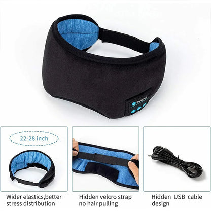 Wireless Bluetooth Sleep Mask features adjustable fit, hidden USB cable, and velcro strap for comfort.