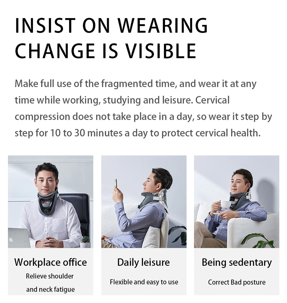 Neck posture corrector brace displayed in various scenarios: workplace, leisure, and sedentary, promoting better neck alignment.