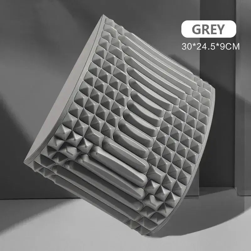 Lower Back Stretcher Pillow in grey, measuring 30x24.5x9cm, designed for spinal alignment and muscle relief.