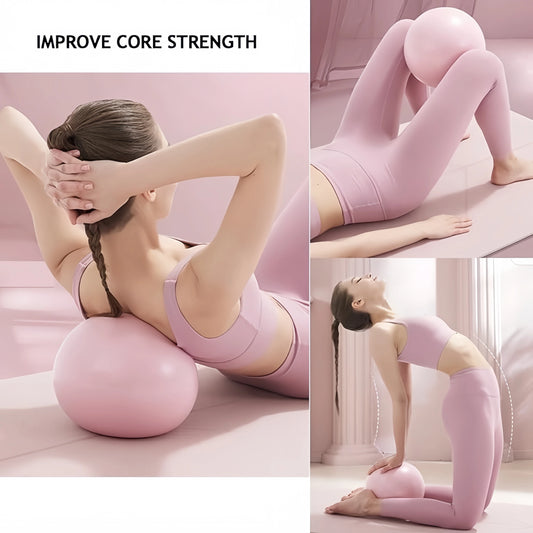 Woman exercising with a pink exercise ball on a light pink background