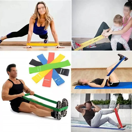Collage of people using resistance bands for exercise in various settings.