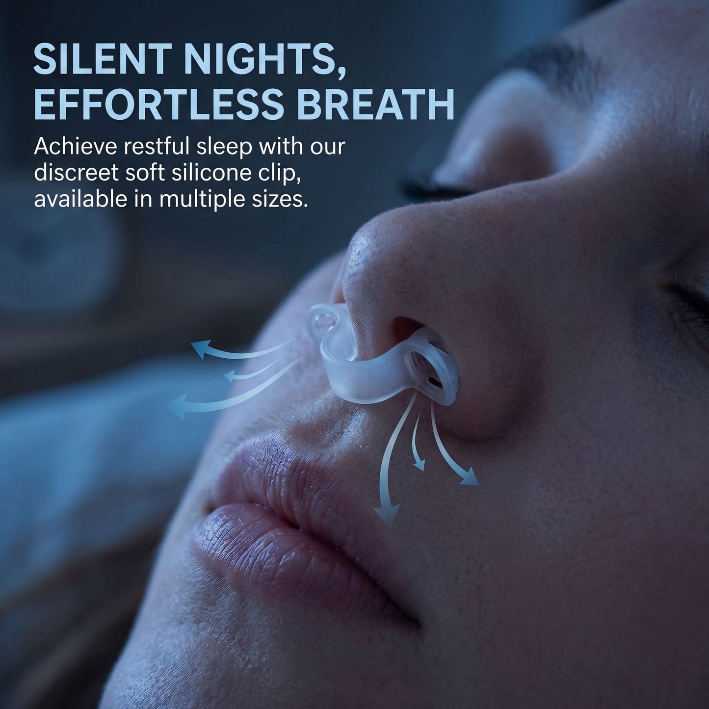 Snoring relief nose clip for restful sleep, featuring a soft silicone design for effortless breathing, promoting quiet nights.