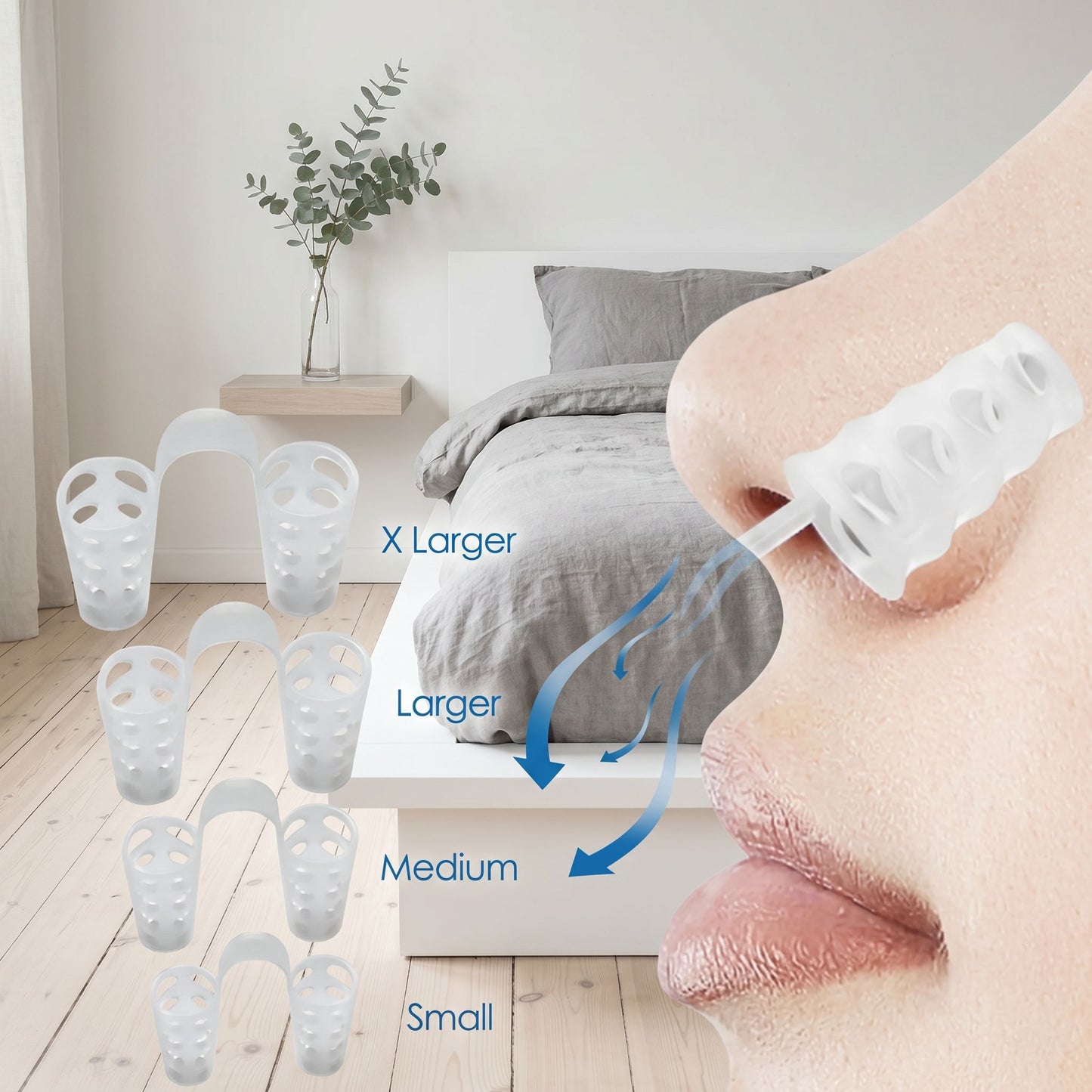 Snoring relief nose clip sizes X Larger, Larger, Medium, Small displayed next to a restful bedroom setting.