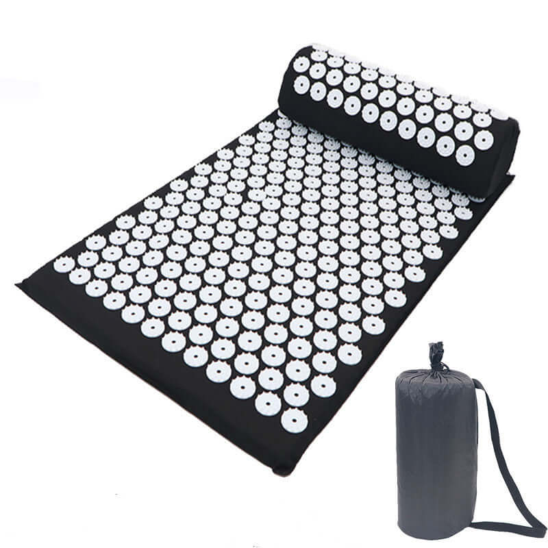 Premium Acupressure Massage Mat with black covering, white soft spikes, and a travel bag on the side.