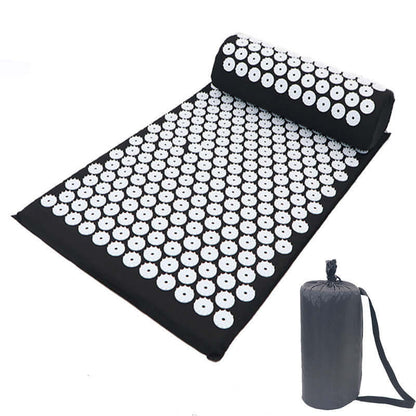 Premium Acupressure Massage Mat with black covering, white soft spikes, and a travel bag on the side.