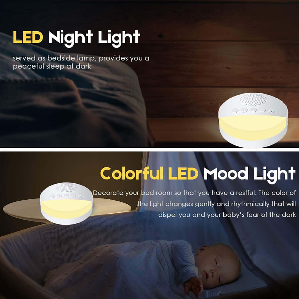 White noise machine with LED night light and colorful mood light for peaceful sleep and relaxation.