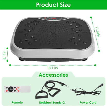 Vibration Plate Exercise Machine dimensions, remote, resistant bands, and power cord accessories displayed.
