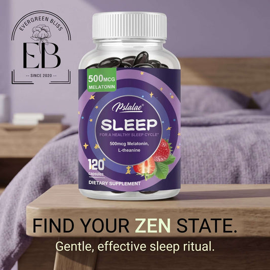 Stress Relief Melatonin Sleep Supplements in a bottle with capsules for bedtime relaxation and reducing stress.