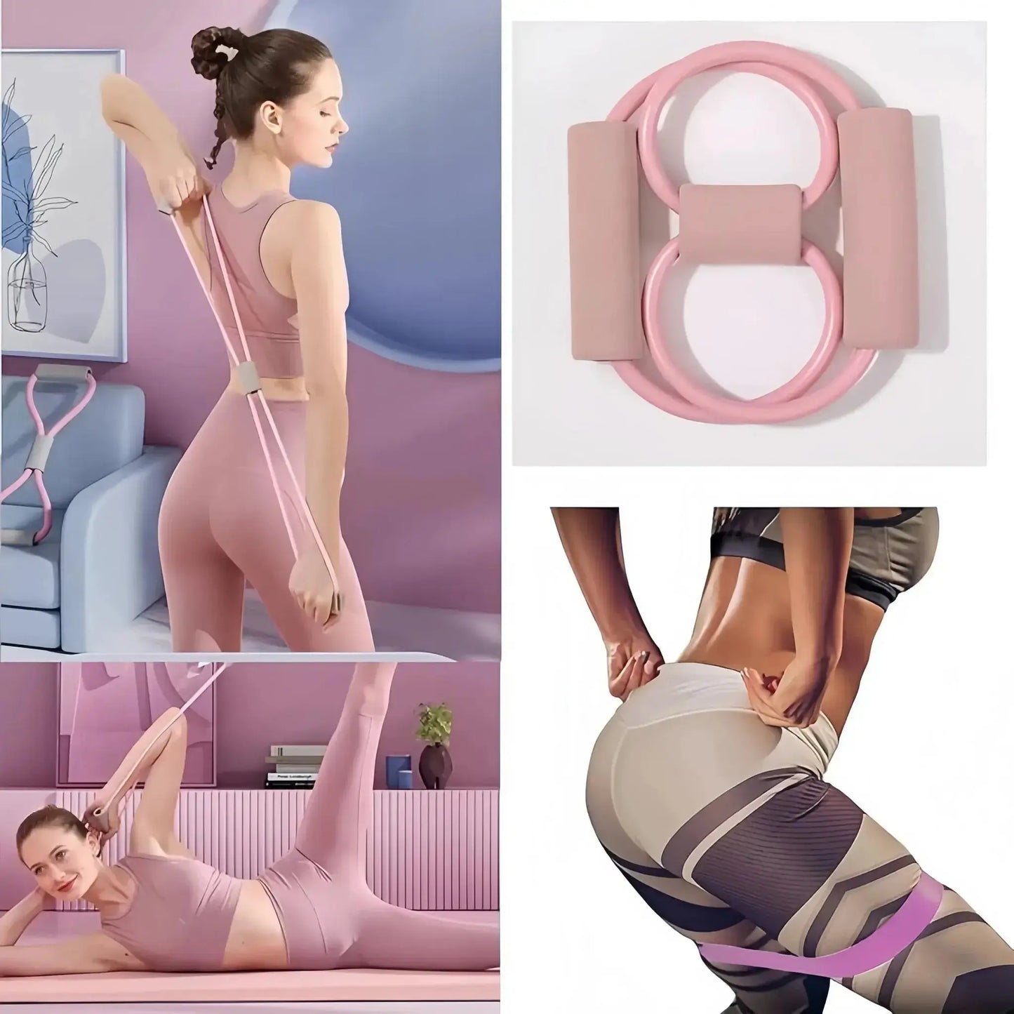 Pilates Loop & Stretch Kit in use by woman, enhancing flexibility and strength with elastic bands and loops, in a home set...