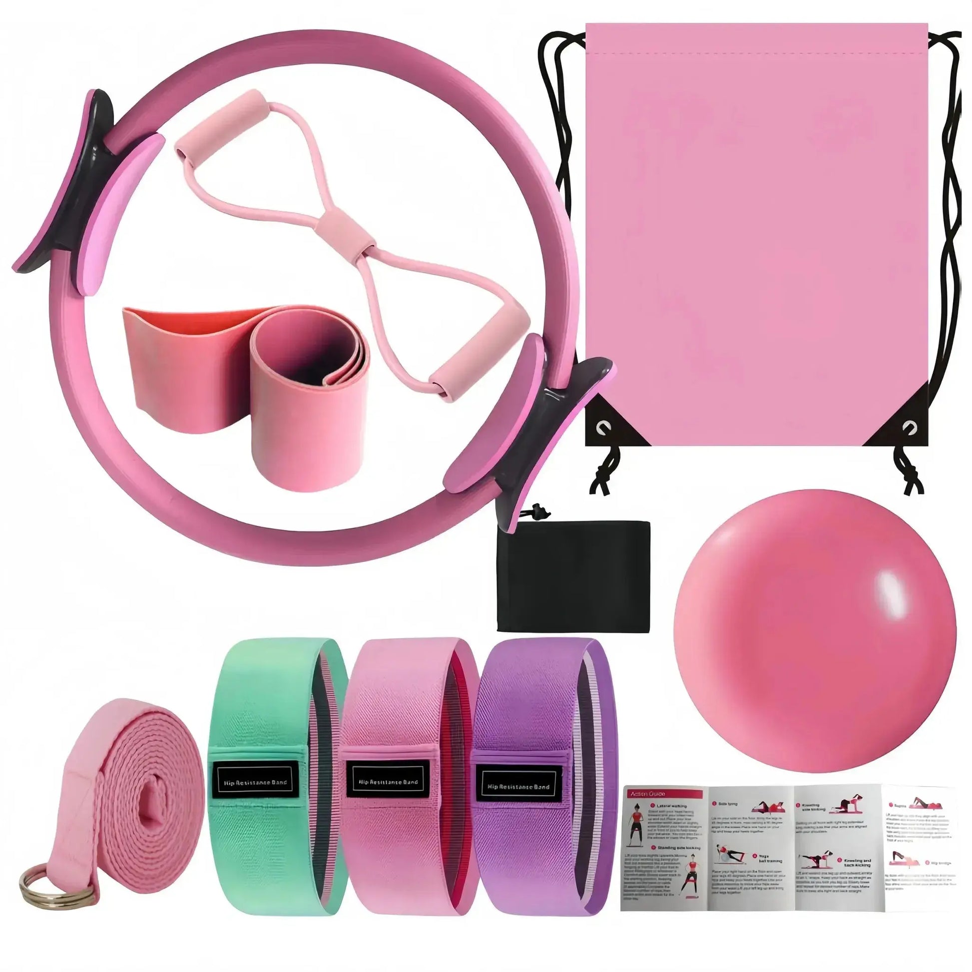 Pilates Loop & Stretch Kit includes resistance bands, exercise ball, and ring for enhanced strength and flexibility training.